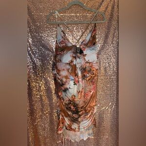 ❌SOLD❌ Angel print draw string ruched ruffle hem mesh cami dress 3XL